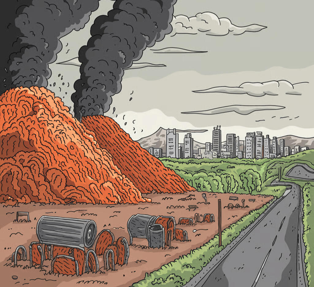 The System isn't Broken Landfill with smoke rising towards a city in the background.