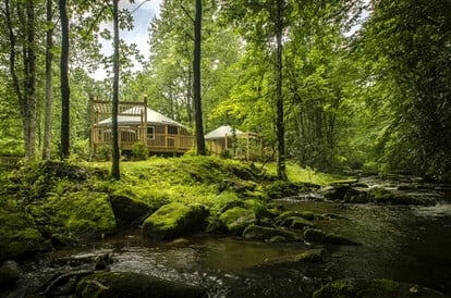Why Your Support Matters Yurts in a forest with a stream running past